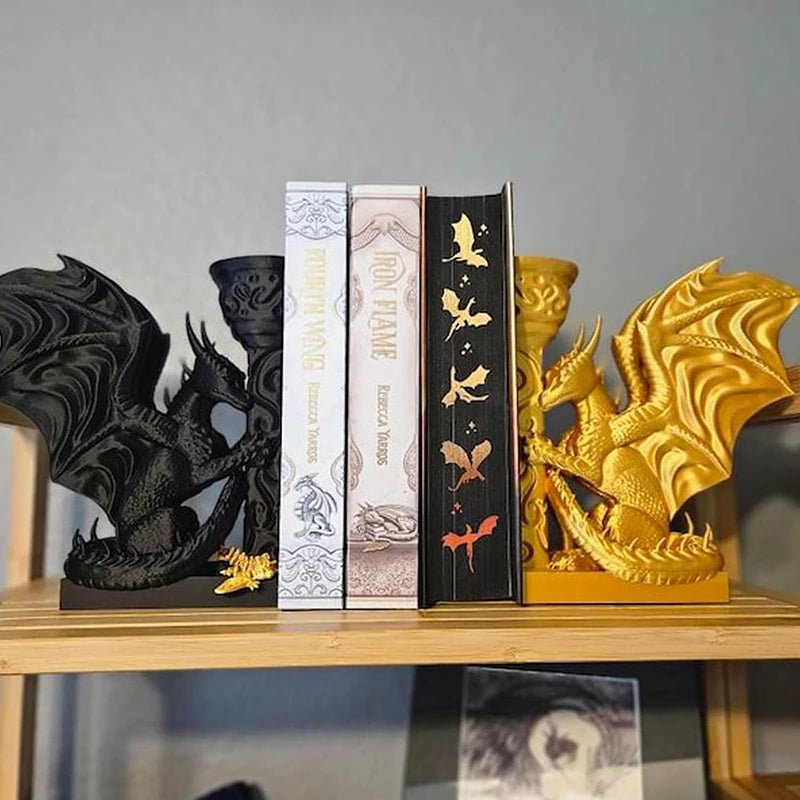 BookShelf in Gold + Black Dragon Bookends 3D Printed Animal Dragon
