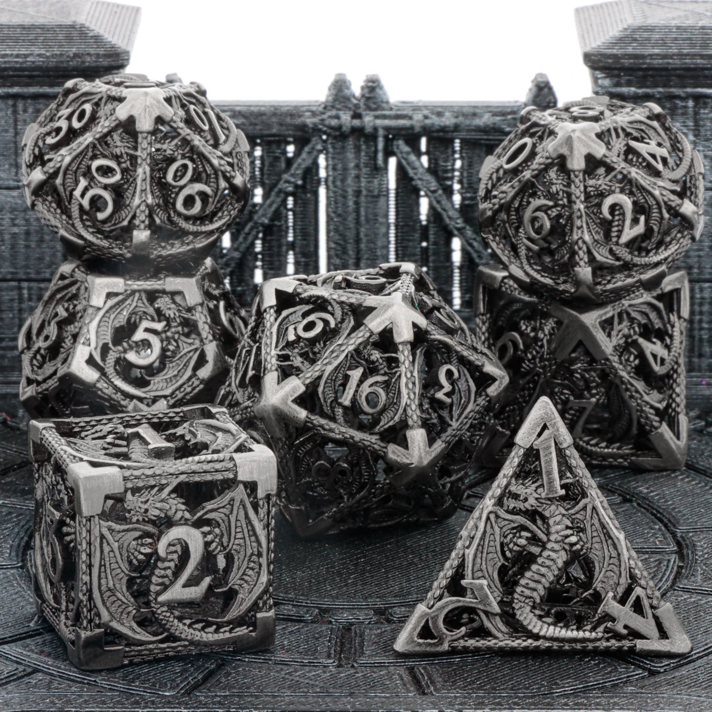 GSF Polyhedral Metal Dragon D&D Dice Set for Dungeons and Dragons Hollow Metal Dice