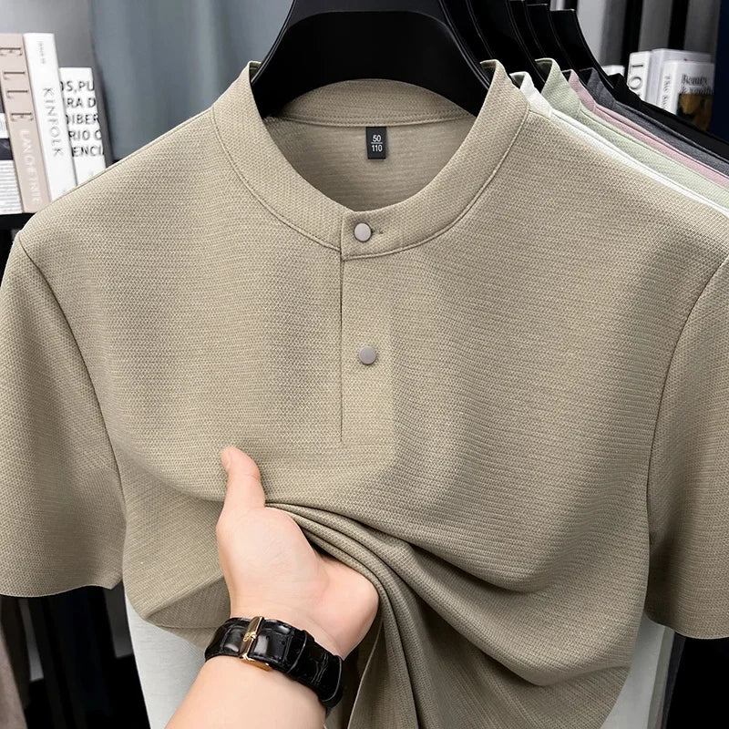 Mens Short Sleeve Mandarin Collar Polo Shirt Casual Tops With Buttons Breathable Slim Fit Waffle Knit Tees For Men Summer Style
