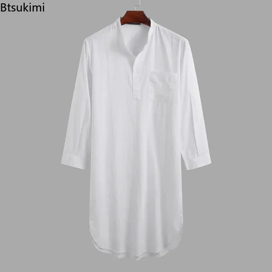 Muslim Fashion Abayas for Men Sleep Robes Solid Cotton Long Sleeve Comfortable Leisure Nightgown Mens Bathrobes Homewear Robes