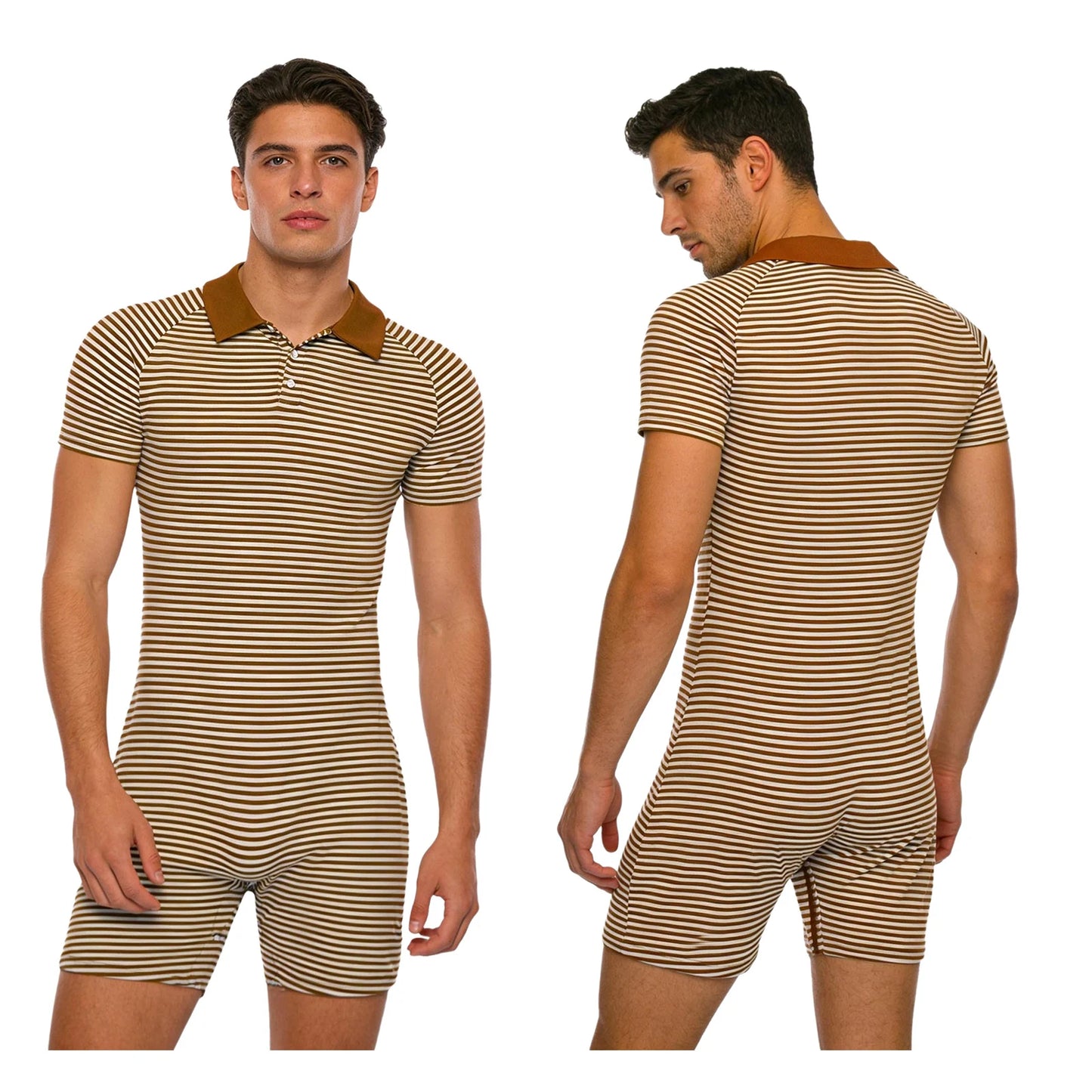 Men Short Sleeve Striped Pajamas Bodysuit Turn-down Collar Buttoned Crotch Cozy Jumpsuits Homewear Loungewear for Leisure Time