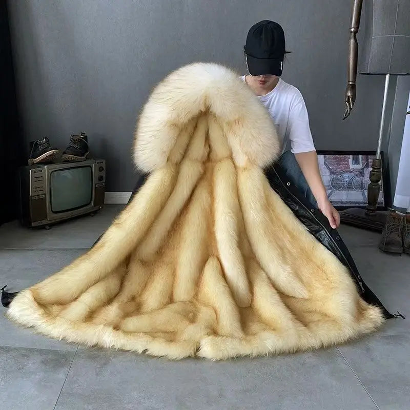 Winter Men Long Hooded Jacket High Quality Raccoon Fur Collar