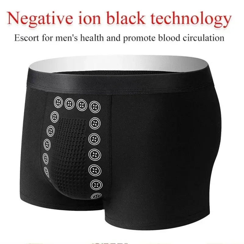 Men’s Black Boxer Shorts with Anion Technology and Massage Design