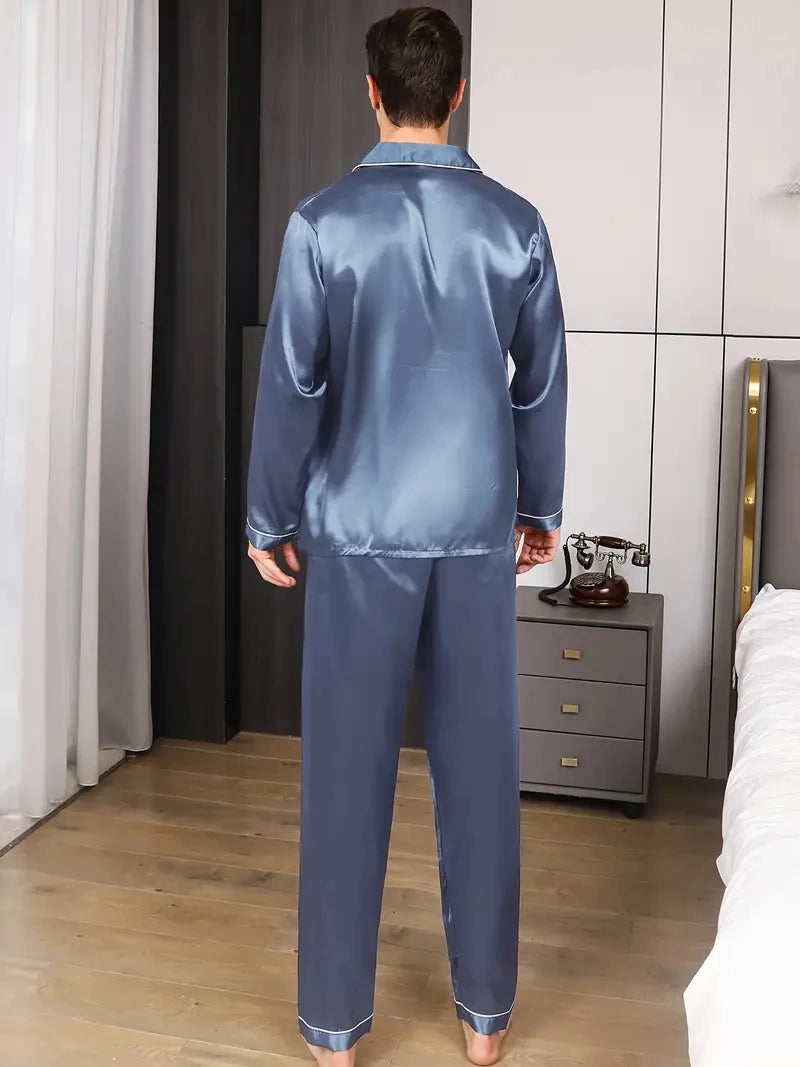 Men Pajama Sets Microfiber Sleepwear For Sleeping Man Shirt Silk Long Sleeve Pyjama Male Home Night Wear Plus Size Loungewear