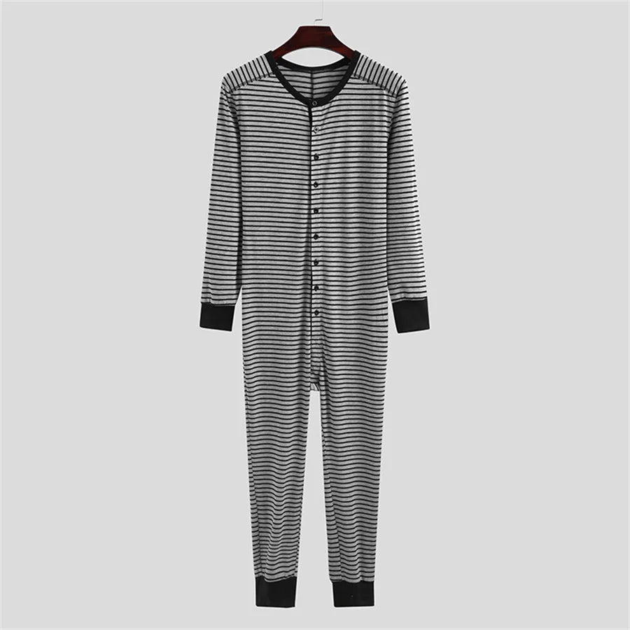 Men's Striped Polyester O-neck Jumpsuit