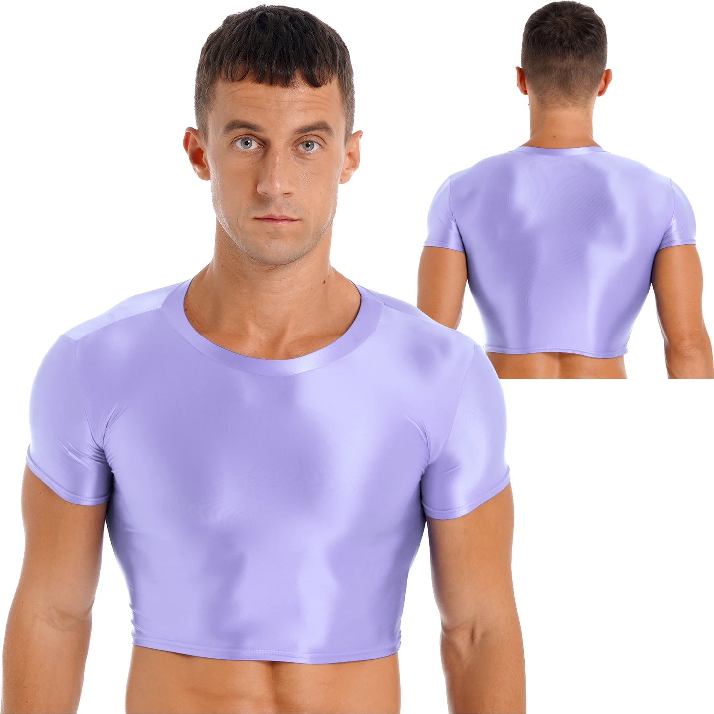 Mens Glossy Crop Top Short Sleeve Oil Shiny Slim Fit Sports Fitness T-shirt Tee Workout Cheer Booty Dance Tops Swimwear Clubwear
