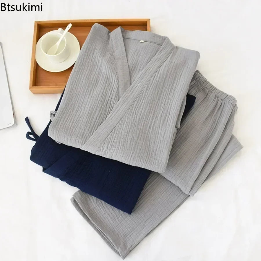 2026 Men's 100% Cotton Cotton Crepe Cloth Pajamas Sets Plus Size Loose V-neck Kimono Bathrobes and Pants Couple Lounge Sleepwear