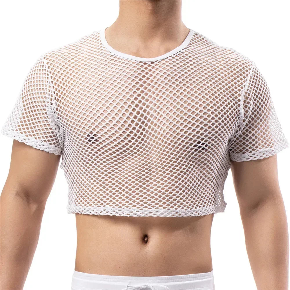 Sexy Mens Undershirts Short Sleeve Transparent Mesh Crop Tops Fishnet Hollow Out T Shirts Sport Nightclub Muscle Sheer Tees Tops