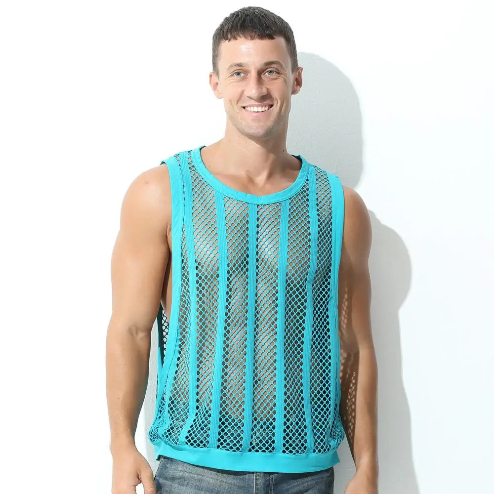 Mens Undershirts Vest Mesh See Through Sleeveless T Shirt Sexy Singlets Fitness Transparent Men Tank Tops Gym Vest