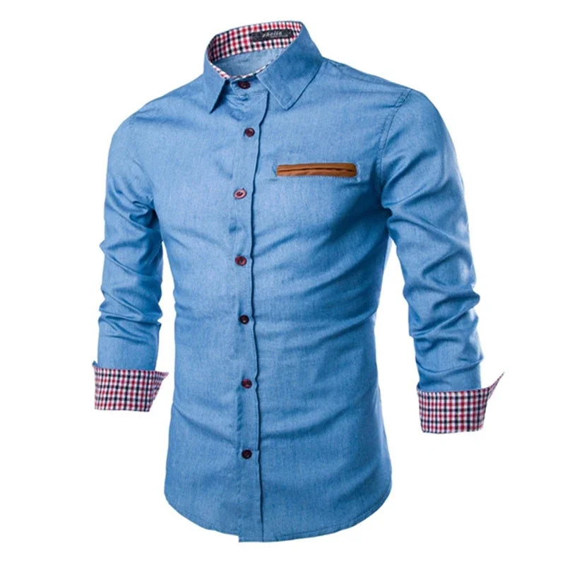 Navy Blue Long Sleeve Denim Shirt for Men