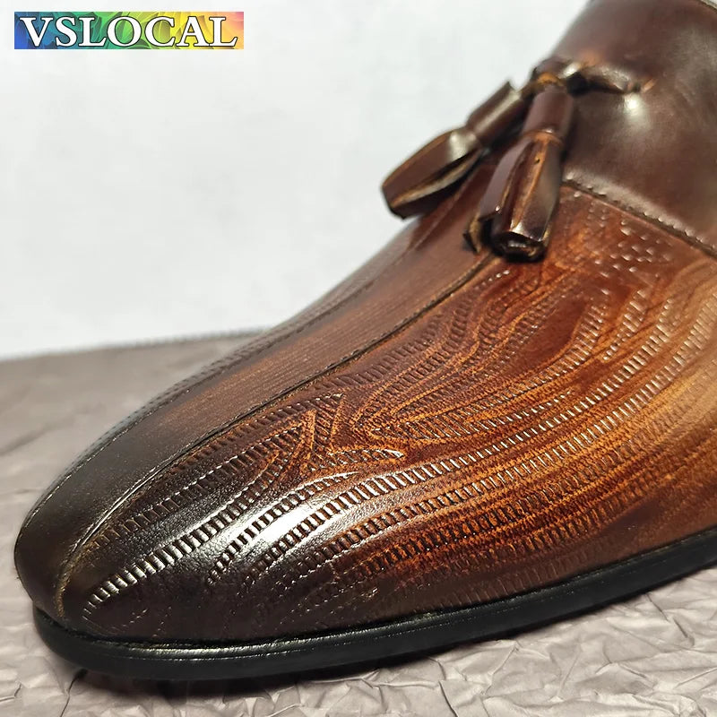2025 Men's Loafers Shoes Black Brown Tassel Print Casual Mens Dress Shoes Office Wedding Genuine Leather Loafers For Men