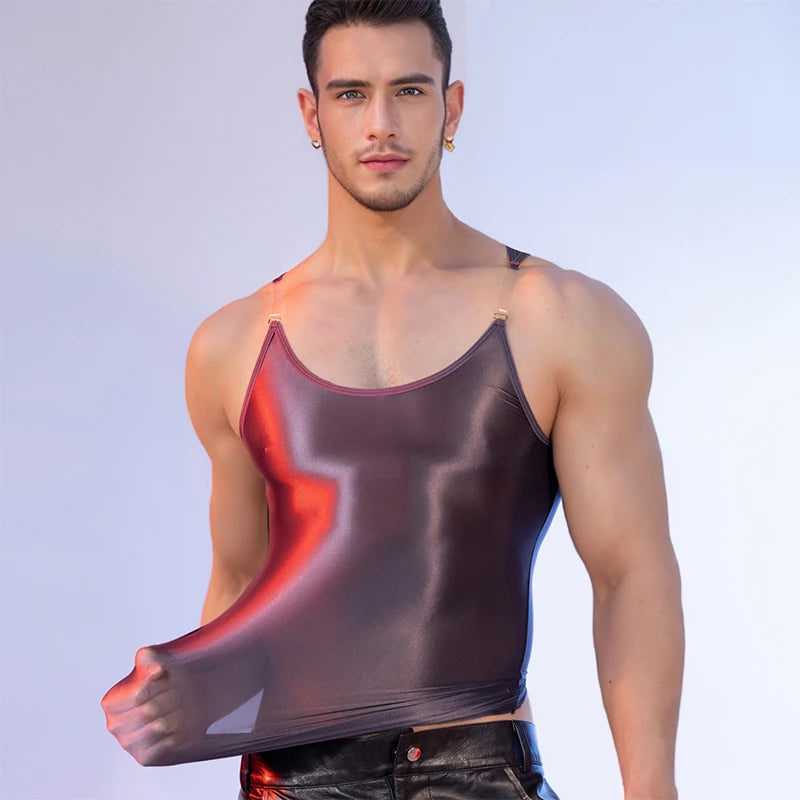 Mens Seamless Elastic Tops Oil Shiny Sleeveless Smooth Solid Tank Top Tights Male O-Neck Widely Applicable Running Undershirt