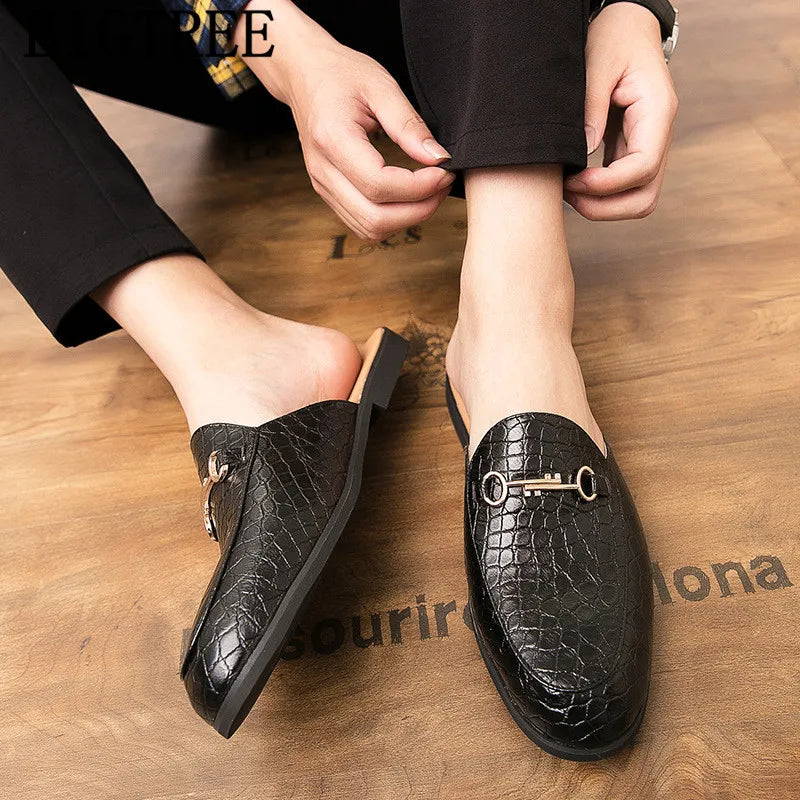 Men's Leather Mules Slippers with Metal Decoration