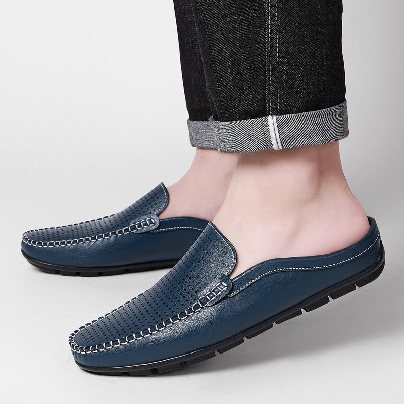 Men's Summer Mules Perforated Leather Slip-On Slippers