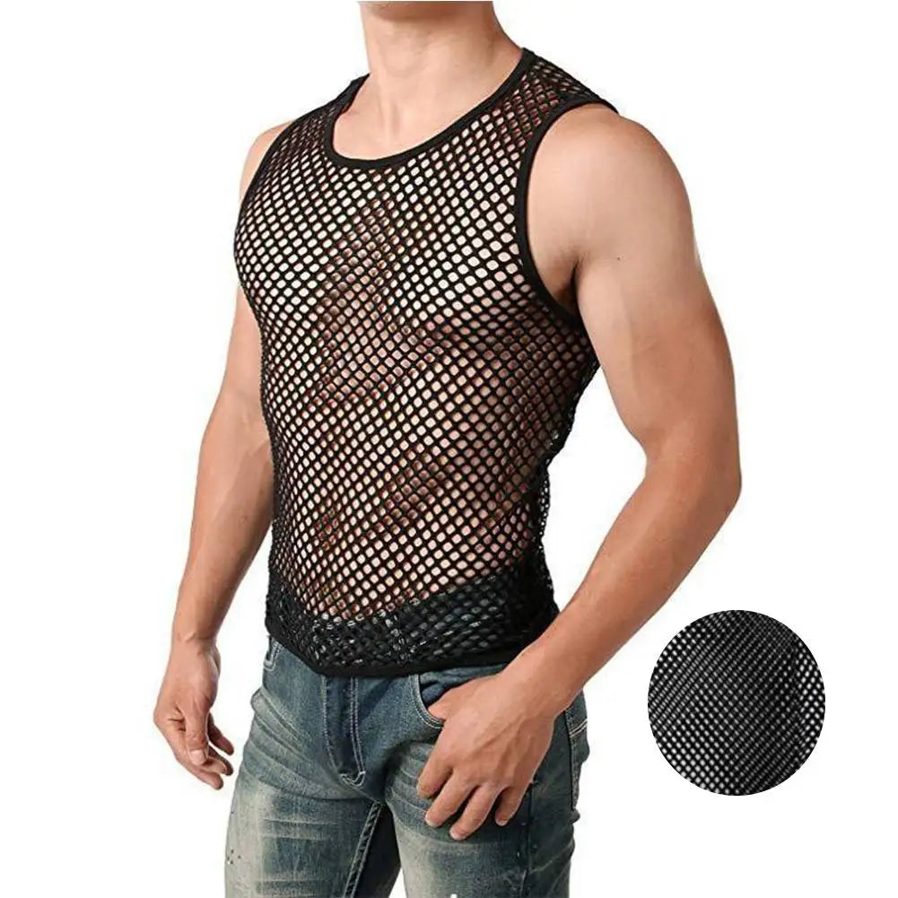 Mens Sexy Tank Top Transparent Mesh Undershirt Fishnet Vest String Sleeveless Shirts Male See Through Night Clubwear Slim Sport
