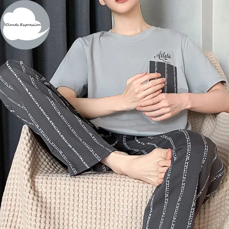 Summer Knitted Mens Casual Pyjamas Set