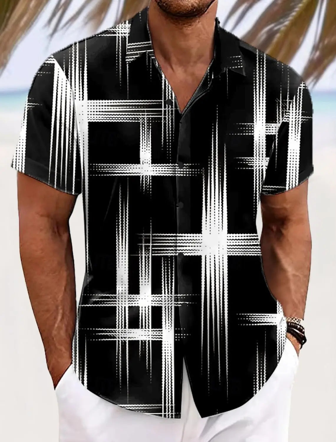Men's Short Sleeve Geometric Plaid Hawaiian Shirt