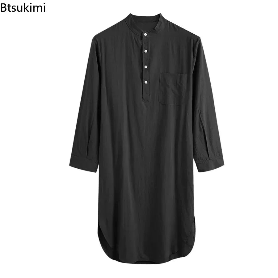 Muslim Fashion Abayas for Men Sleep Robes Solid Cotton Long Sleeve Comfortable Leisure Nightgown Mens Bathrobes Homewear Robes
