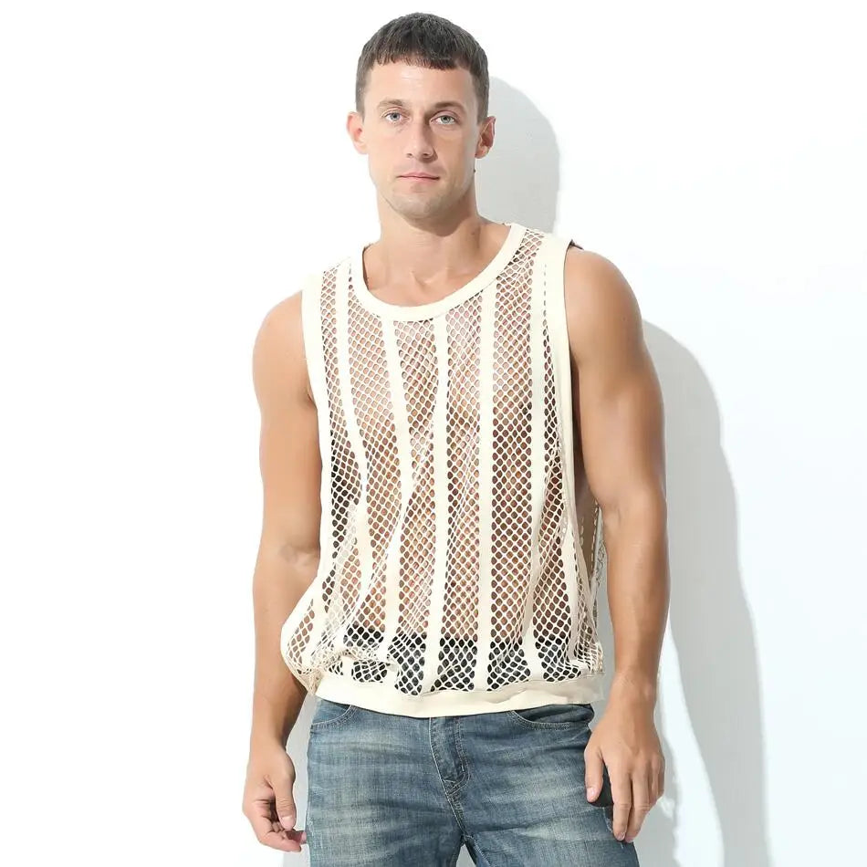 Mens Undershirts Vest Mesh See Through Sleeveless T Shirt Sexy Singlets Fitness Transparent Men Tank Tops Gym Vest