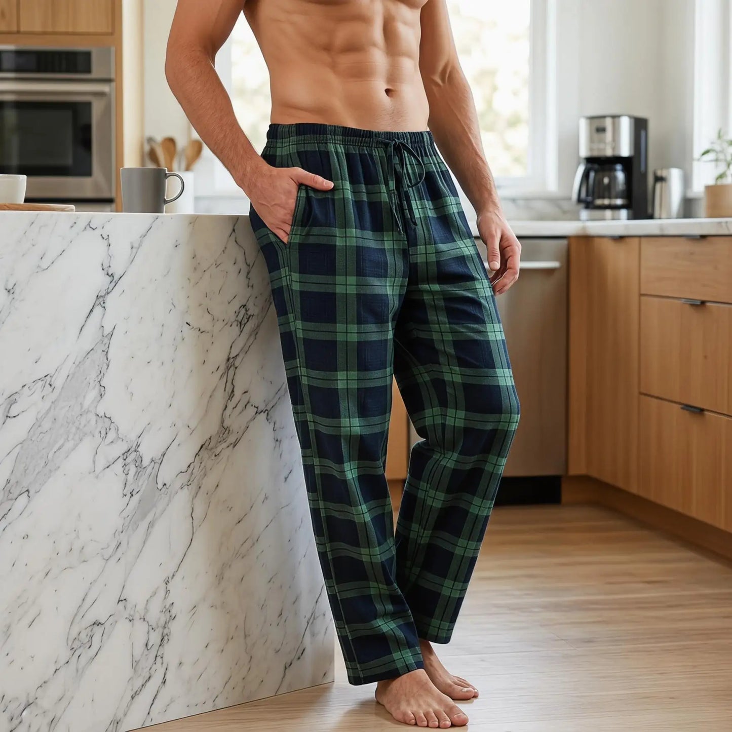 Men's Lightweight Soft Plaid Pajama Pants with Pockets Four Seasons Lounge Sleepwear M-XL Comfortable Sleep Pants
