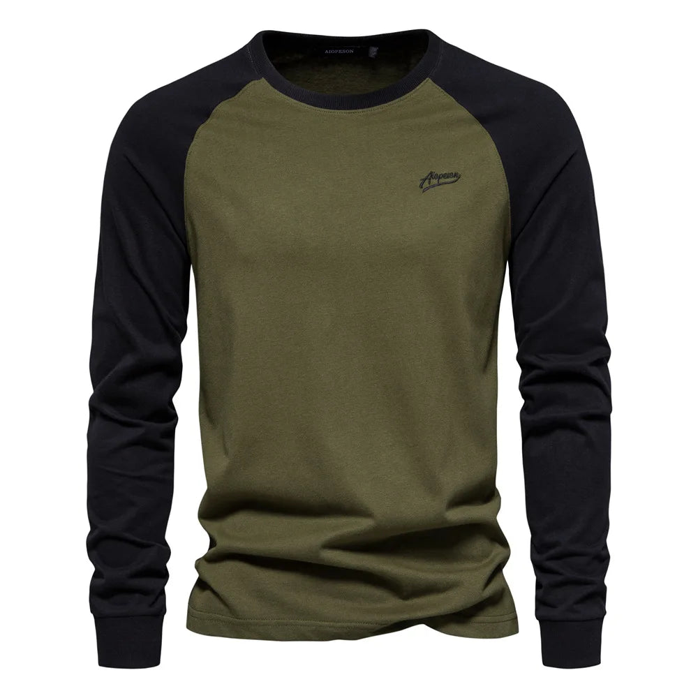 Men's Bottom T-shirt Trendy Contrast Color Tops 100% Cotton Long Sleeve Tees Spring Autumn Casual Streetwear O-neck Slim T-shirt
