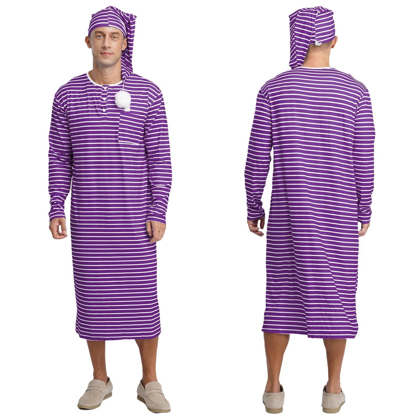 Mens Sissy Nightgown Striped Sleep Robe with Hat Set Complete Sleepwear Comfortable Loungewear Homewear for Holiday Nights