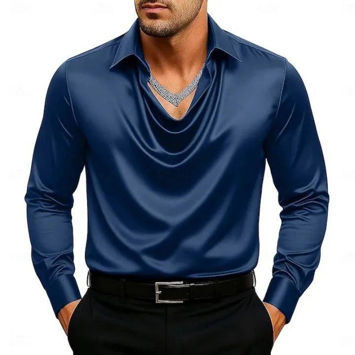 Men's Satin Silk Casual Dress Shirt Long Sleeve