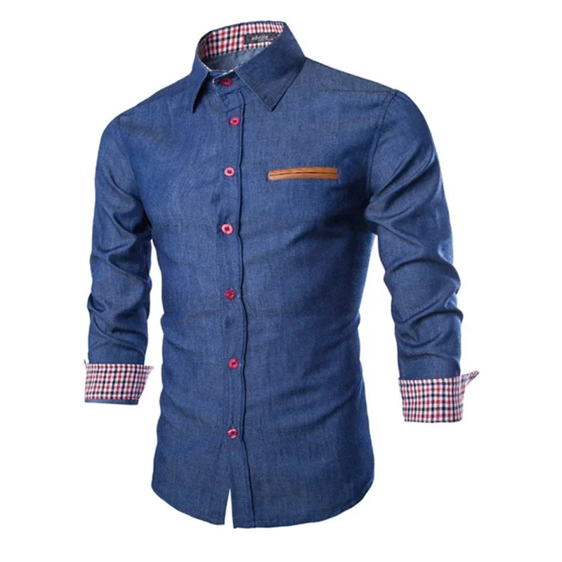 Navy Blue Long Sleeve Denim Shirt for Men