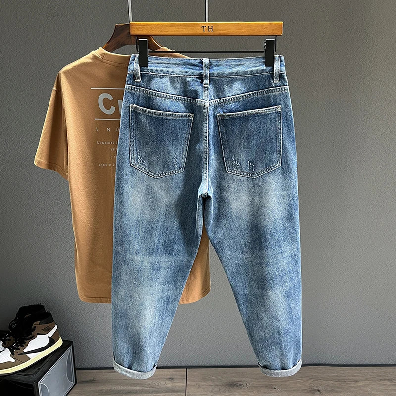 Vintage Blue Denim Ripped Jeans for Men Casual Streetwear