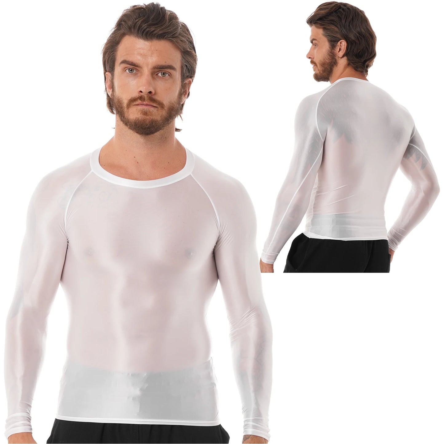 Mens Sports T-Shirts Tops Slim Fit Breathable T-Shirts Tops Glossy O Neck Long Sleeve Transparent T-shirt Running Undershirts