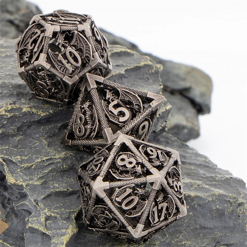 GSF Polyhedral Metal Dragon D&D Dice Set for Dungeons and Dragons Hollow Metal Dice