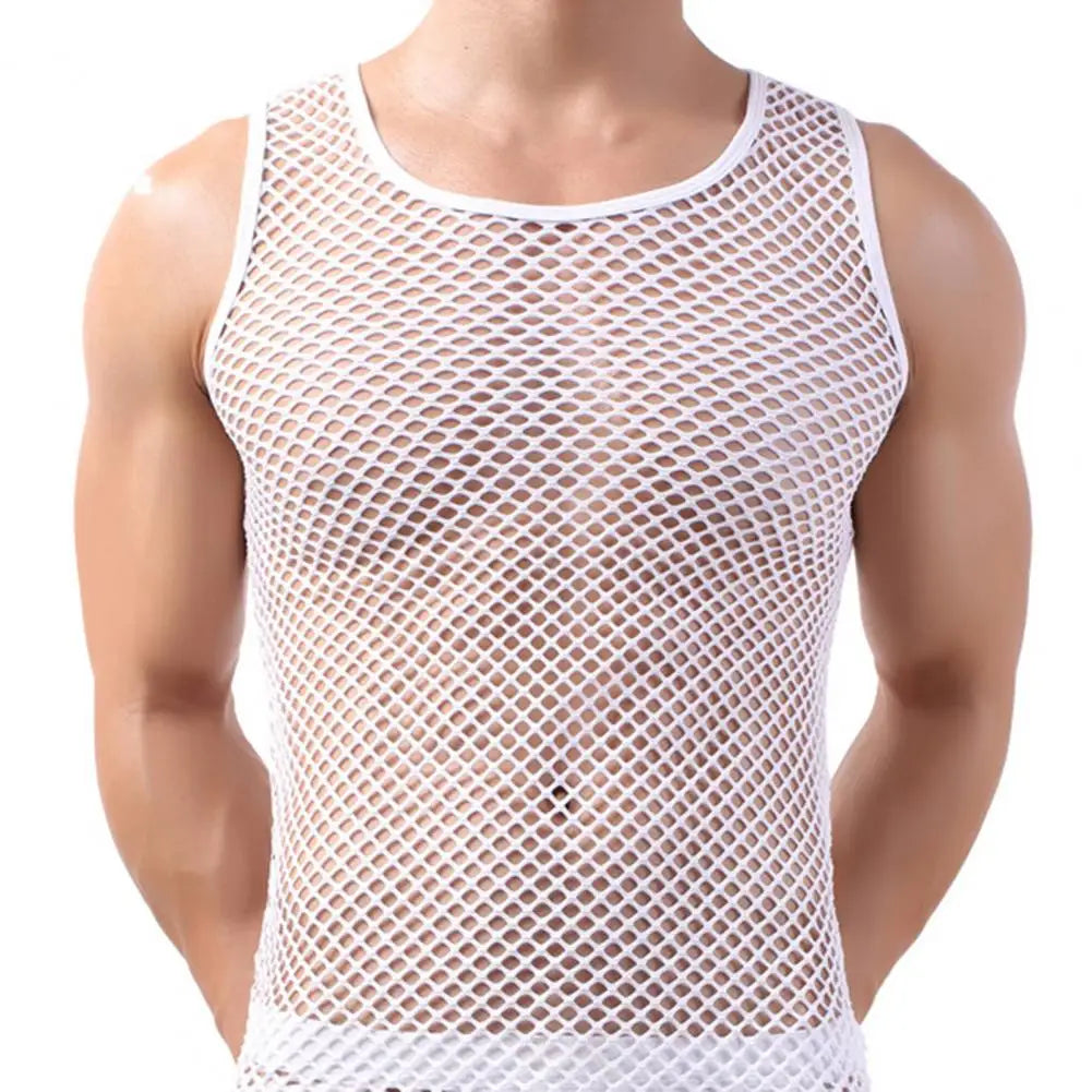Men's Sleeveless Vests Men Undershirt Mesh See-Through Sleepwear Fish Net Solid Color Vest for Sleeping Perspective Tank Tops