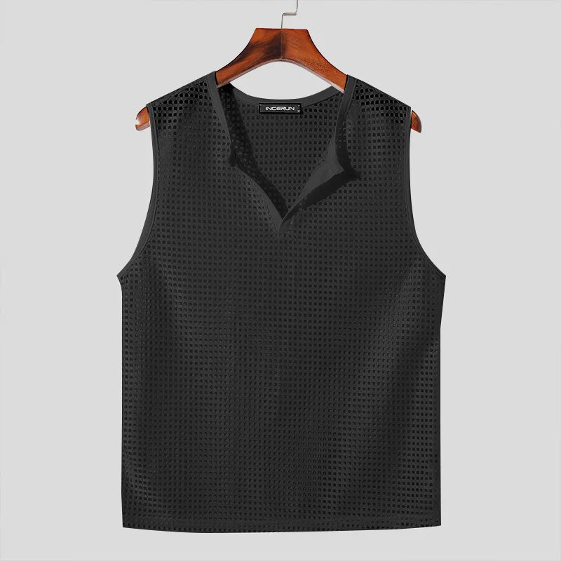 2024 Men Tank Tops Mesh Hollow Out Solid V Neck Sleeveless Summer Male Vests Streetwear Transparent Fashion Men Clothing INCERUN