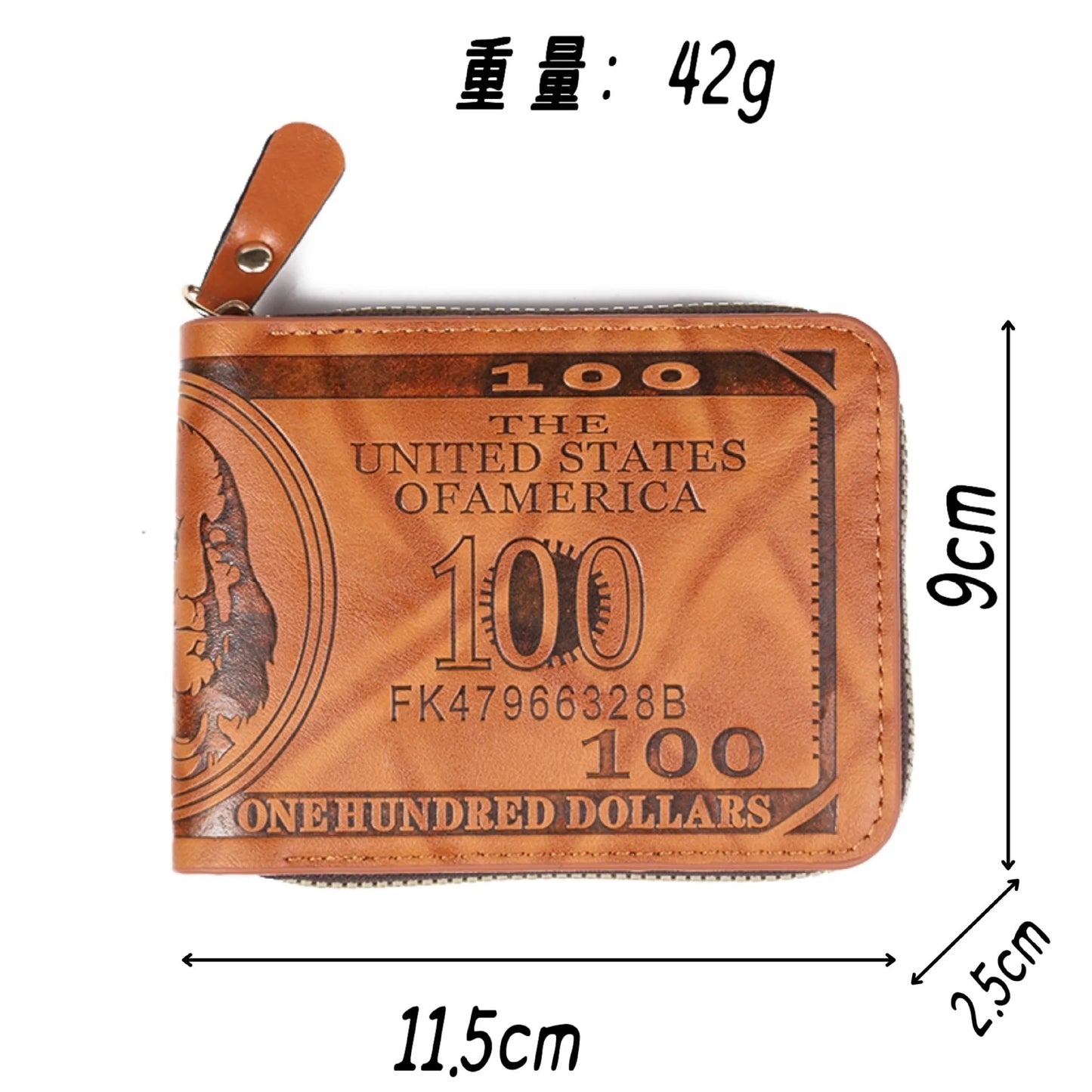 NONE Zipper Men Wallet with 100 US Dollar Pattern Male Leather Wallet