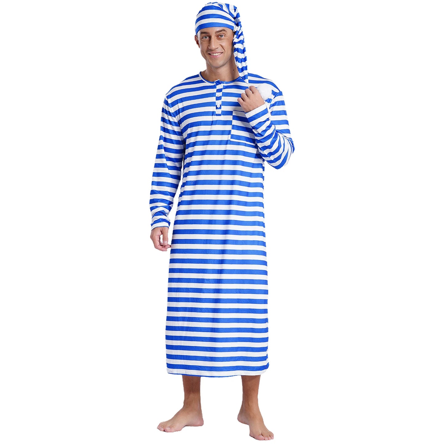 Mens Christmas Striped Sleep Robe with Hat Set