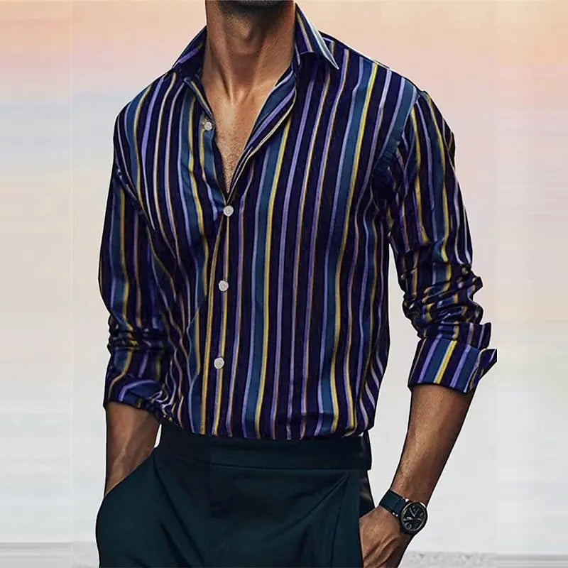 Men's Casual Long Sleeved Striped Shirt in Polyester