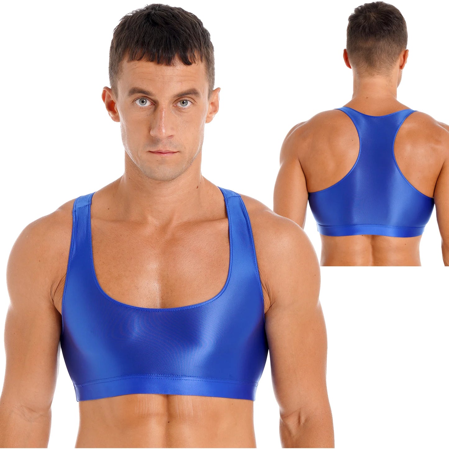 Mens Glossy Crop Top Short Sleeve Oil Shiny Slim Fit Sports Fitness T-shirt Tee Workout Cheer Booty Dance Tops Swimwear Clubwear