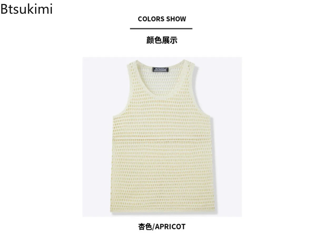 New Summer Men Sexy Mesh Tank Tops Transparent Fishnet Tops Male Vintage Knitted Sleeveless Tops Hollow Out Sports Fitness Tees