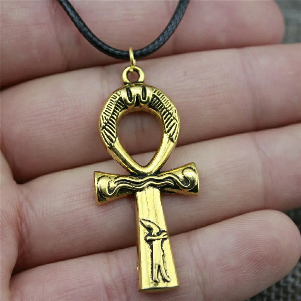 Egypt Ankh Cross Necklace Pendant Black Leather Chain Necklace