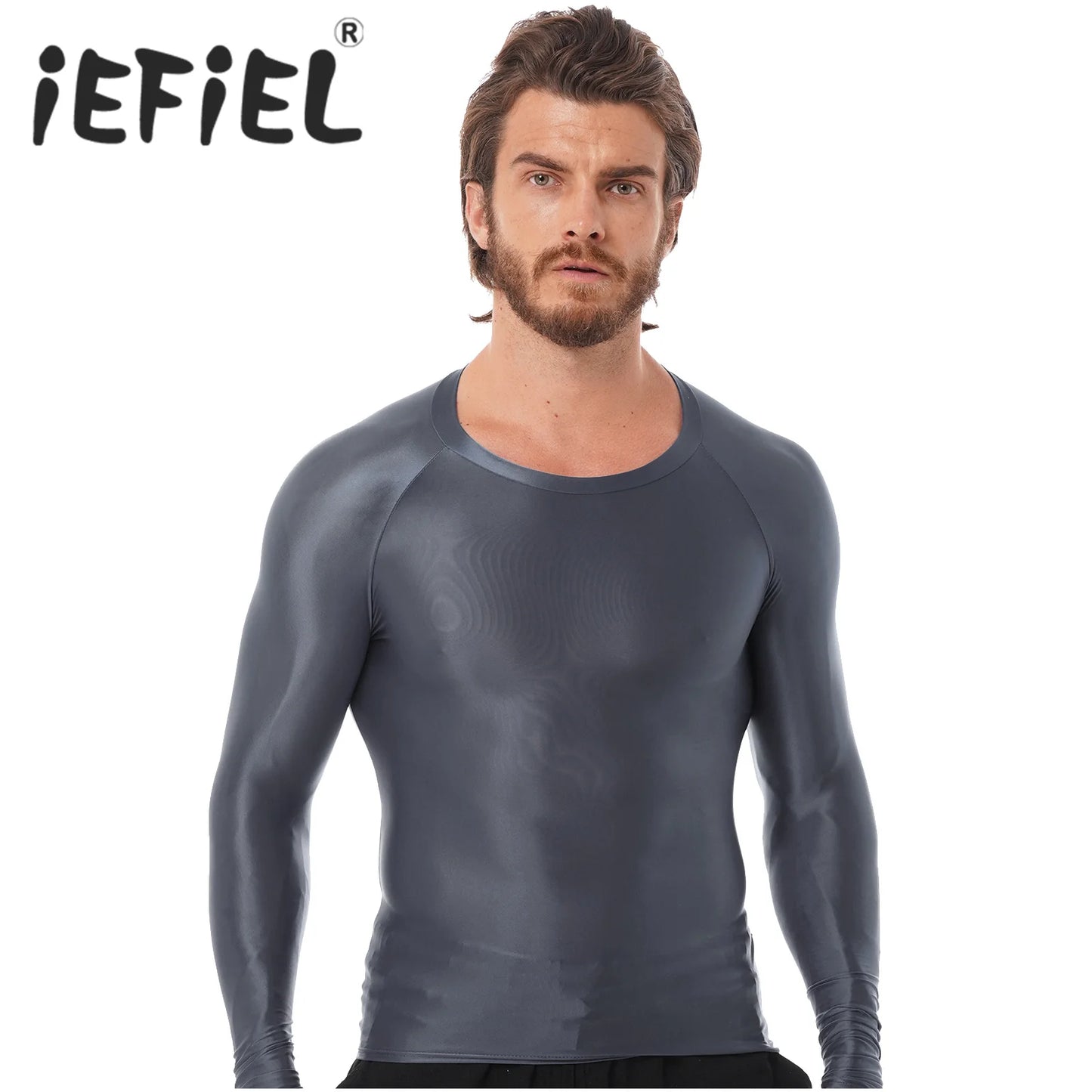 Mens Glossy Sports Tops Long Sleeve T-shirt Solid Color Slim Fit Breathable Fitness Gymnastics Workout Tops Yoga Beach Swimwear