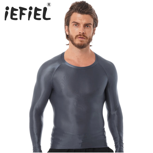 Mens Glossy Sports Tops Long Sleeve T-shirt Solid Color Slim Fit Breathable Fitness Gymnastics Workout Tops Yoga Beach Swimwear