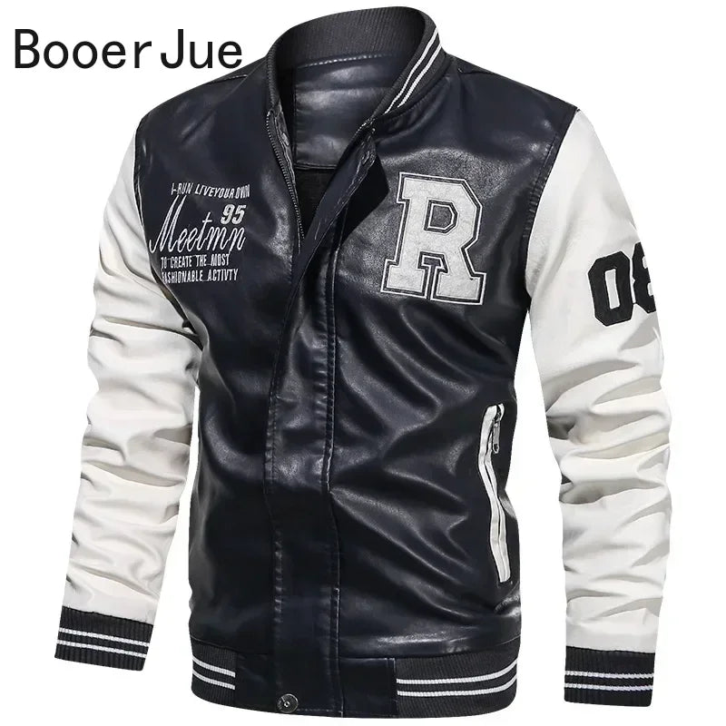 Bomber Jacket Men Leather Fleece Casual Zipper Coat