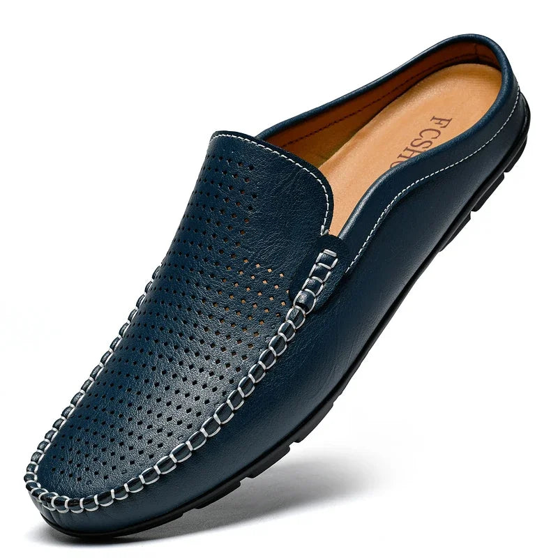 Men's Summer Mules Perforated Leather Slip-On Slippers