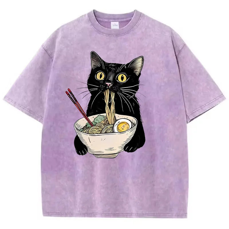 Black Cotton Cat Eating Ramen Graphic Tee