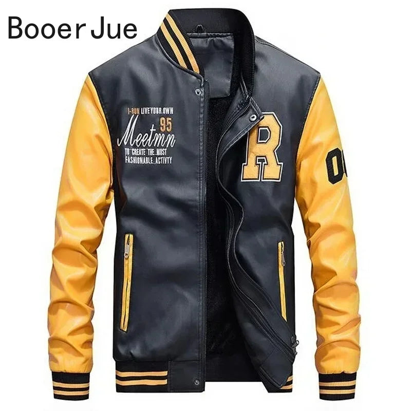 Bomber Jacket Men Leather Fleece Casual Zipper Coat