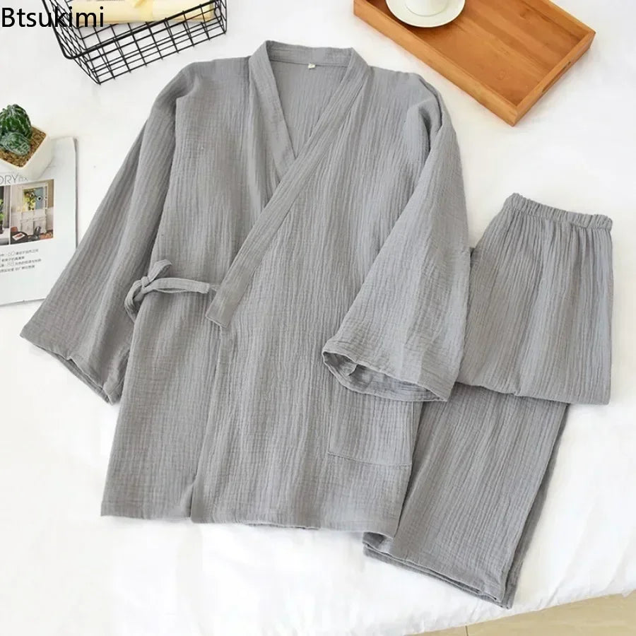2026 Men's 100% Cotton Cotton Crepe Cloth Pajamas Sets Plus Size Loose V-neck Kimono Bathrobes and Pants Couple Lounge Sleepwear