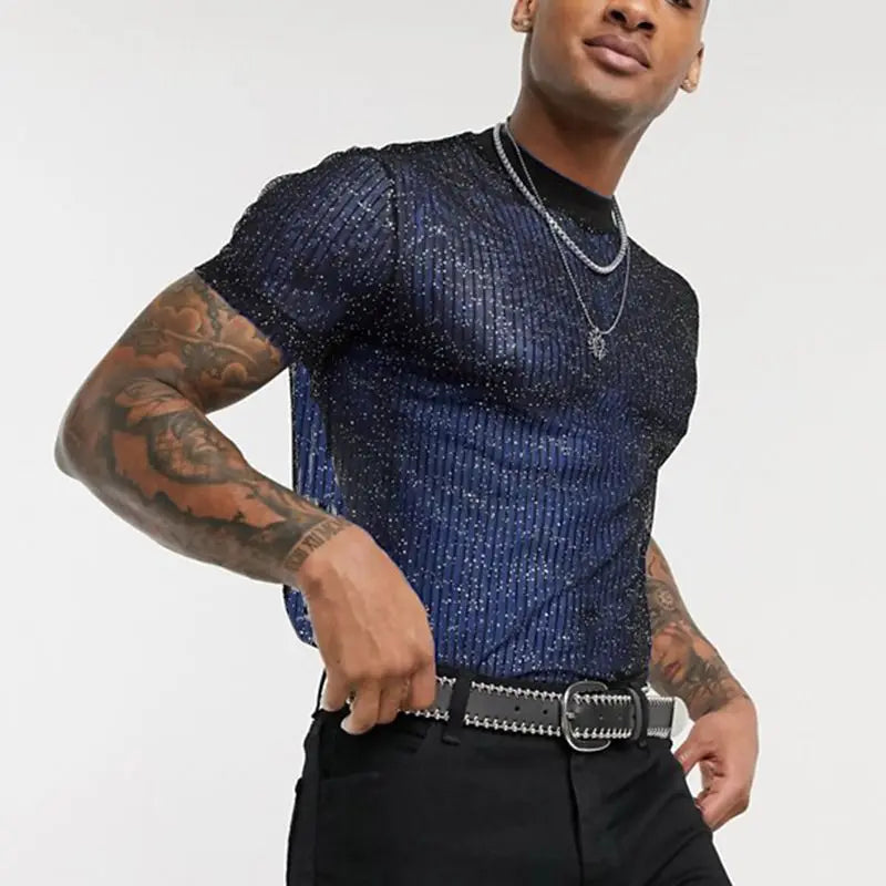 Mesh T-shirts Men Sexy Tops O Neck See-through Pullovers Shiny Short Sleeves T-shirts Men Undershirt Chic Breathable Streetwear