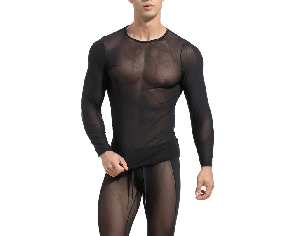 2026 Men's Sexy Mesh T-shirts High Elastic Transparent Long Sleeve Tops Men Sport Fitness Compression Tees See Through Gym Wear