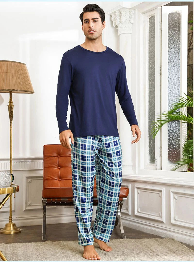 Men's Plaid Print Lounge Set Soft Long-Sleeve Round Neck Top And Pants Breathable Fabric Loose Fit Casual Homewear Loungewear