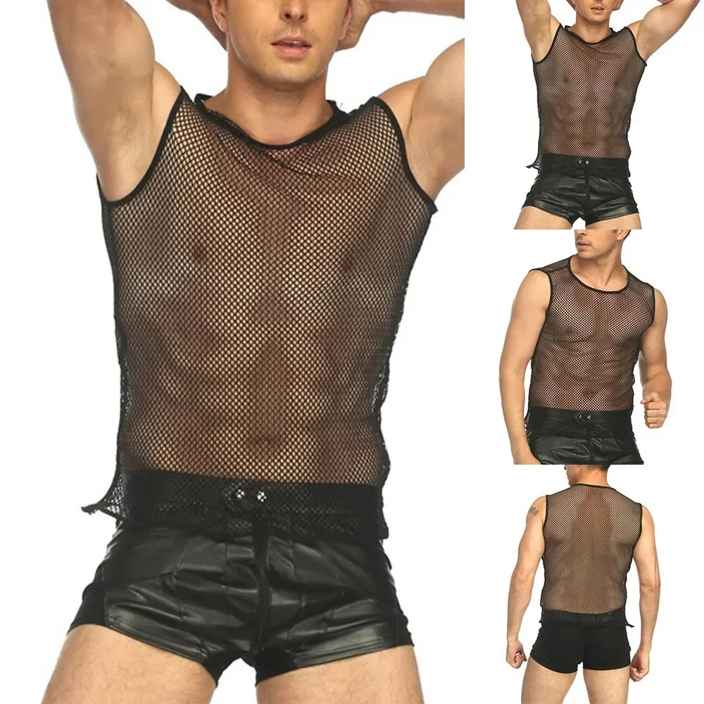 Mens Tank Top Mesh Erotic Hombre Fishnet Breathable String Vest Sleeveless See Through Slim Sport Solid Color Stretch Shirts